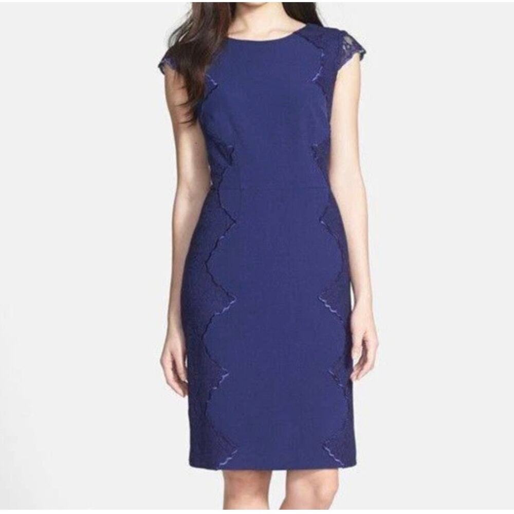 Adrianna Papell Navy Blue Lace Mix Media Sheath Dress Size 2 Elegant